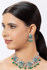 Silver Oxidised Green Stone Choker Necklace with Earrings