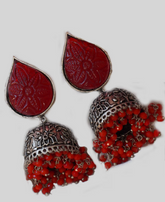 Red Stone Ethnic Oxidized Jhumka Earring
