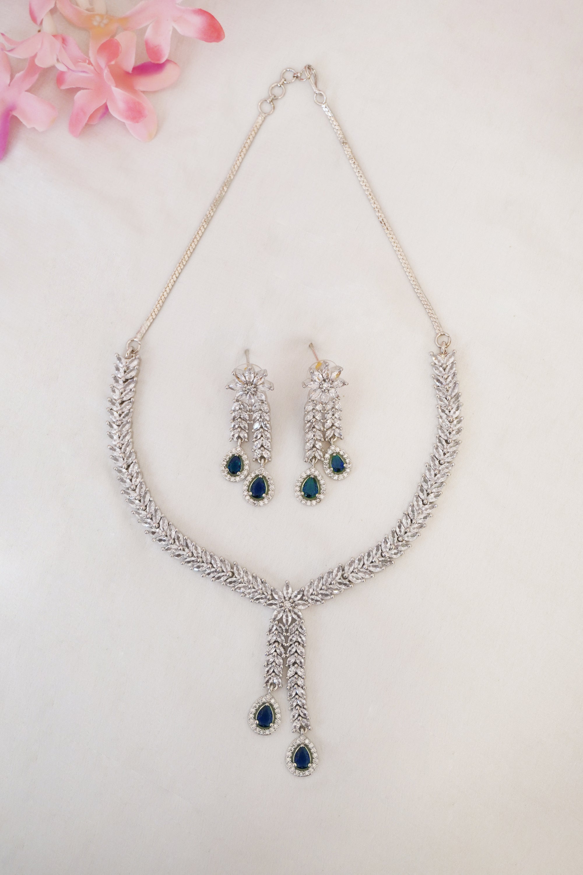 Vogue American Diamonds Blue Necklace Set With Earring
