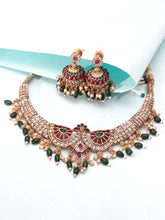 Emerald and Pink Gold-Plated Jewelry Set with American Diamond Rhodium-Plated Finish and Jhumki Earrings