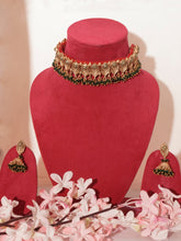 24k Gold-Plated Jewelry Set with Bottle Green Beads and Velvet Base Necklace