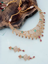 24k Gold-Plated Pink and Emerald Jewelry Set with CZ Stones Leaf Design