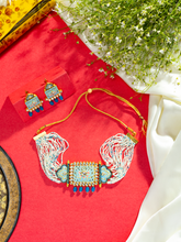 24K Gold Plated Blue Meenakari Kundan Jadau Choker Necklace Set with Earrings