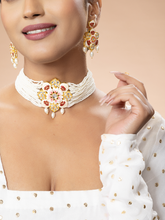 Matte Gold White Floral Meenakari Necklace Set with Pearls