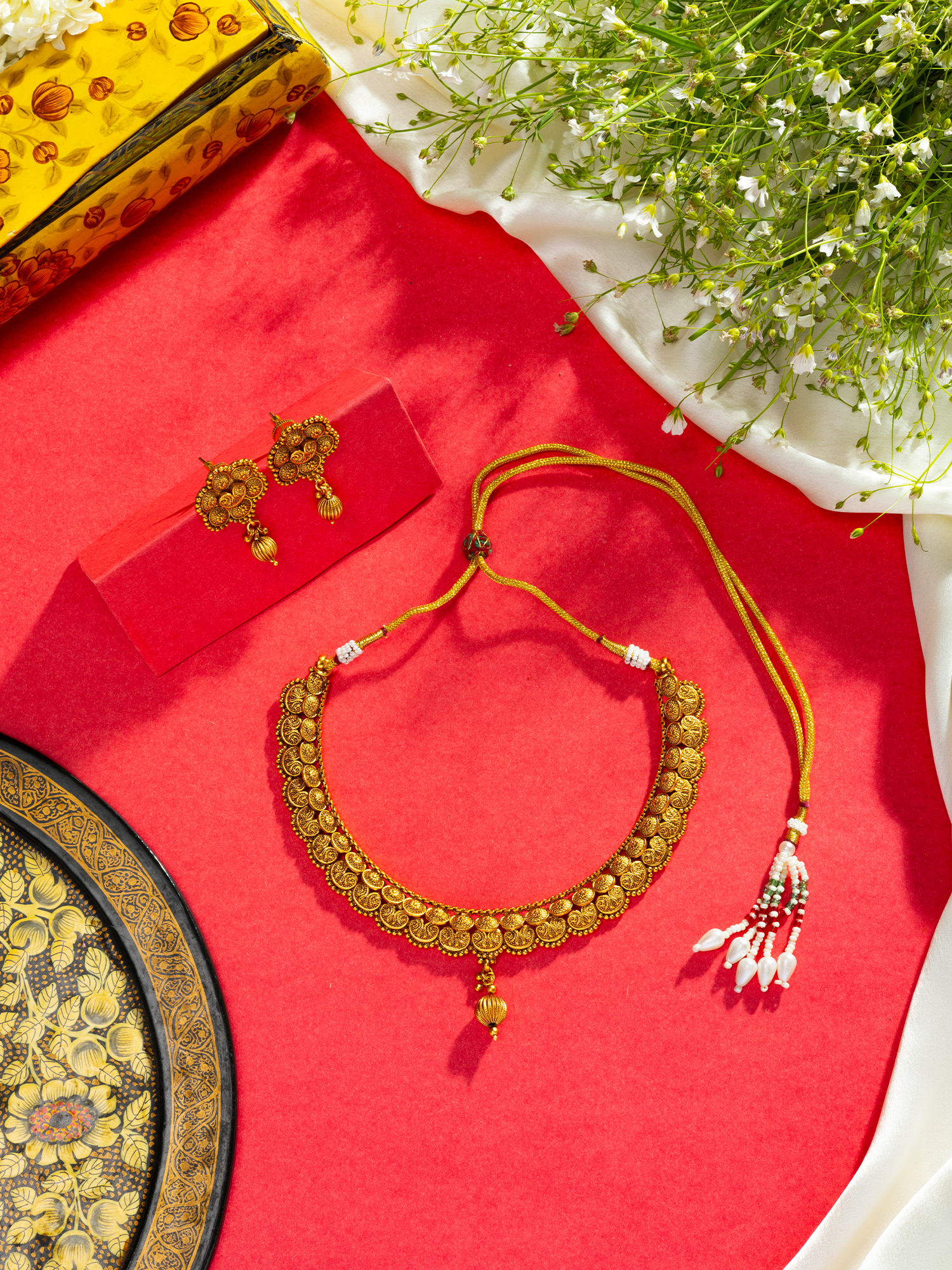 Gold Plated floral Design Necklace and Earrings Set