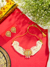 Matte Gold White Pearls and Kundan Necklace Set with Earrings