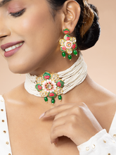 Matte Gold Green Floral Meenakari Necklace Set with Pearls