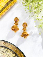 24K Gold Plated Double Layered Jhumka Set with Ruby