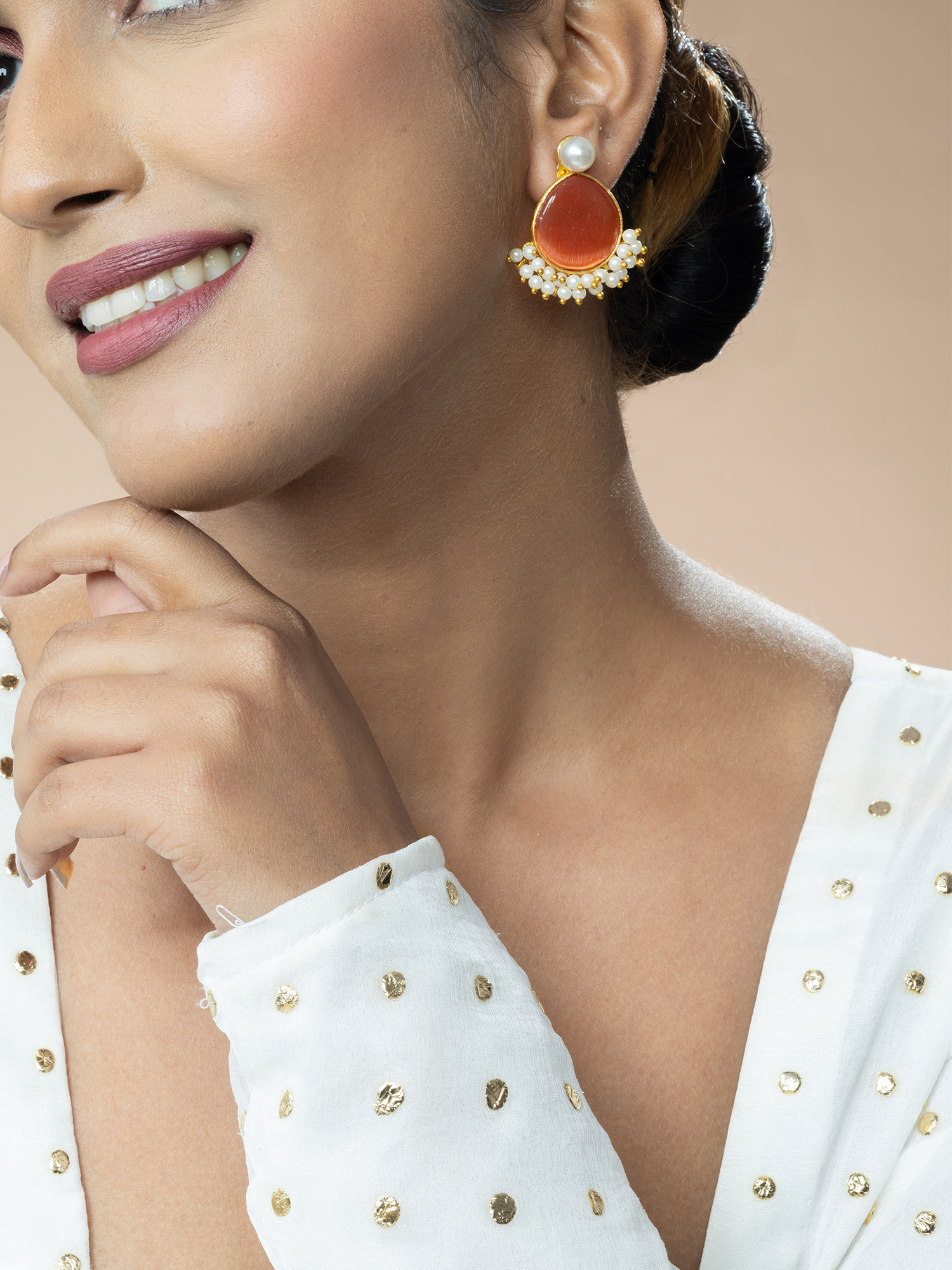 Pearl Earrings With Orange Stone