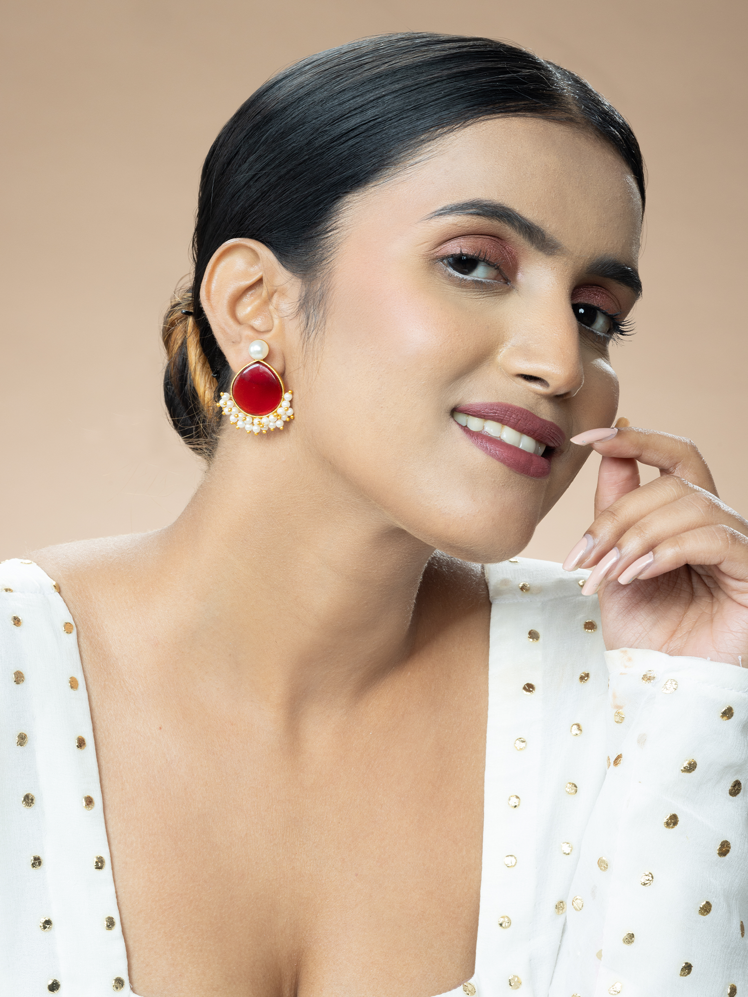 Pearl Earrings with red stone