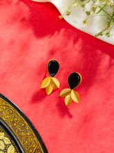 Matte Gold Plated, Black Stone, and Petal Design Statement Earrings
