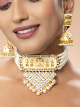 Gold Plated White Meenakari Kundan and Pearl Jadau Choker Necklace Set with Earrings