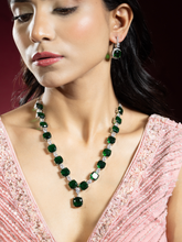 Rhodium Plated Green and White American Diamond Necklace Set with Earrings