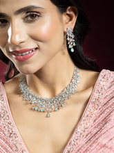 Rhodium Plated White and Aqua Green American Diamond Necklace Set