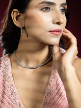 Rhodium Plated White American Diamond Tennis Necklace Set with Earrings