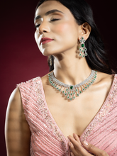 Rhodium Plated White & Emerald American Diamond Necklace Set