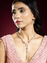 Rhodium Plated Pink and White American Diamond Necklace Set with Earrings