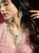 Rhodium Plated Multi-layered Emerald and White American Diamond Necklace Set with Earrings