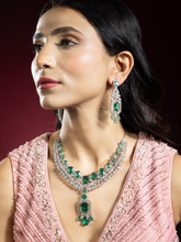 Rhodium Plated White and Green American Diamond Necklace Se