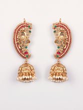 24K Gold-Plated Traditional Peacock Ruby and Emerald Jhumka Earrings