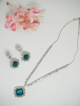 Rhodium Plated White and Blue American Diamond Necklace Set with Earrings