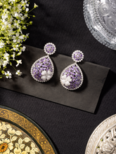 Rhodium-Plated Purple & White Diamond Floral design water Drop Earrings