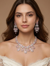 White American Diamond and Mauve Pink Stones Necklace Set with Earrings