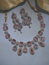 White American Diamond and Mauve Pink Stones Necklace Set with Earrings
