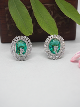 Floral Oval Green and White American Diamond Earrings