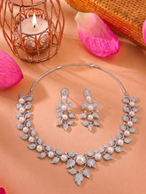 Rhodium Plated White American Diamond and Faux Pearl Floral Vine Necklace Set