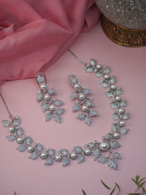 Rhodium Plated White American Diamond and Faux Pearl Floral Vine Necklace Set