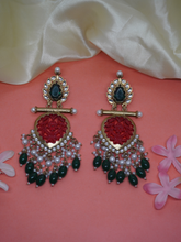 Gold-Plated Floral Dangler Earrings with Green and Red Stones