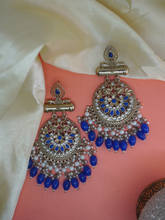 Gold-Plated Kundan and Pearl Traditional Round Blue Dangler Earrings