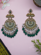 Gold-Plated Kundan and Pearl Traditional Round Green Dangler Earrings