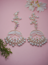 Silver-Plated Kundan and Pearl Drop Earrings with Ear Chain