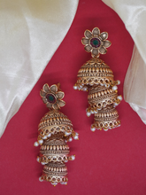24K Gold-Plated Triple Jhumka Earrings with Floral Design