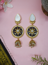 Gold Plated Matte Round Earrings with Black Stone and Jhumki