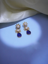 Gold Plated Matte Finish Blue Floral Earrings