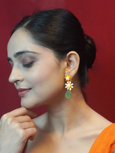 Gold Plated Matte Finish Green Floral Earrings