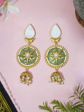 Gold Plated Matte Round Earrings with Green Stone and Jhumki