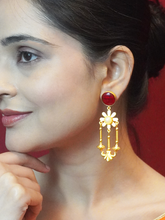 Gold Plated Matte Dangler Earrings with Red Stone