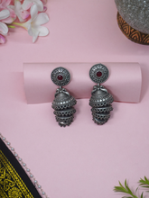Triple-Layered Oxidized Jhumka Earrings with Red Stone