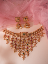 24k Gold Plated V-Shape Pearl, Ruby and Green Stone Necklace Haar with Jhumki