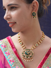 18k Gold Plated Green Kundan Studded Floral Design Long Necklace Earring Set