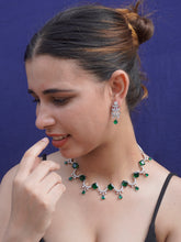 Silver Rhodium Plated American Diamond Moon Design Emerald Necklace Set