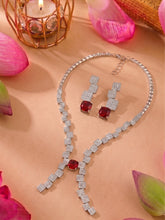 Silver Rhodium-Plated Ruby American Diamond Jewelry Set