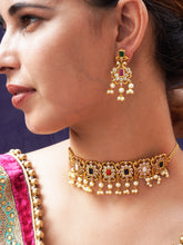 Ethnic 24k Gold-Plated Multi-Color Stone and Pearl Choker Necklace Earring Set