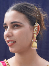 24k Gold-Plated Pink Stone and Pearl Jhumki with Earring Chain