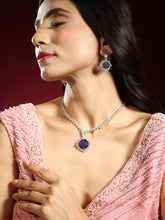 Rhodium Plated White and Violet American Diamond Necklace Set with Earrings