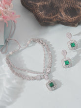 Silver Rhodium Plated Necklace Set with Emeralds and White American Diamonds